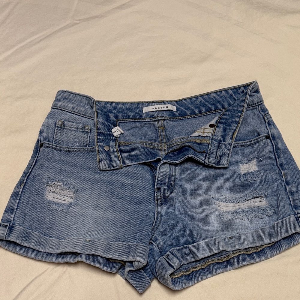 PacSun Distressed Light Blue Denim Roll-Hem Shorts
